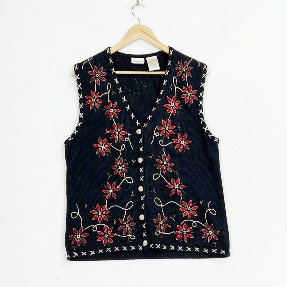 Bobbie Brooks red poinsettia Hoilday button up sweater vest gold beads